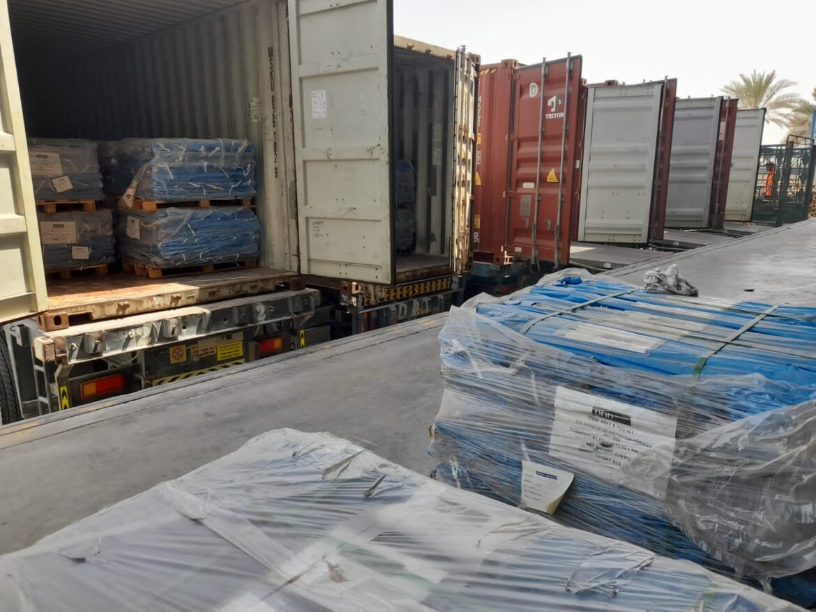 UK Aid relief items including emergency shelters arrive at Karachi Port